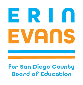 logo spelling erin evans in blue and orange and for san diego county board of education beneath